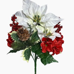 CFS2597WT- 16" Mix bush with White poinsettia berry cluster, and pine cone each Minimum order: 6 Case Pack: 96